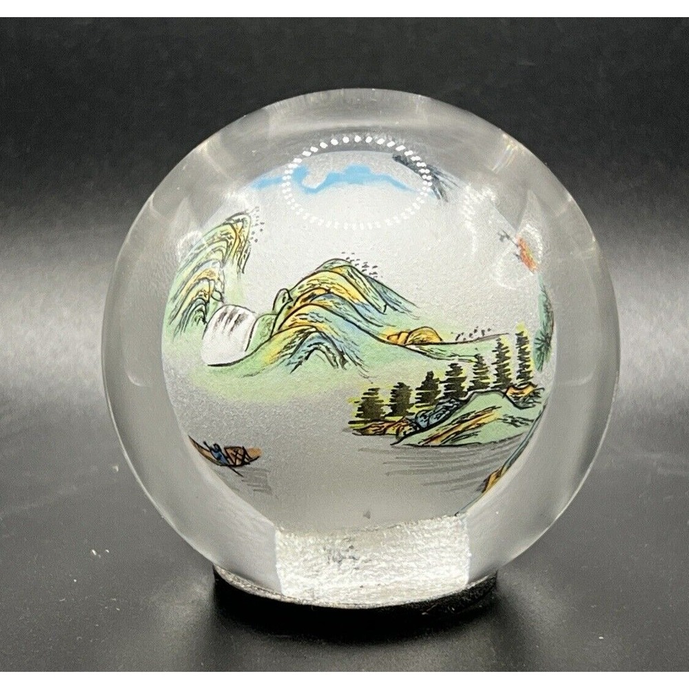 VTG Chinese Reverse Painted Glass Globe Orb Paperweight Landscape Scene AMAZING!